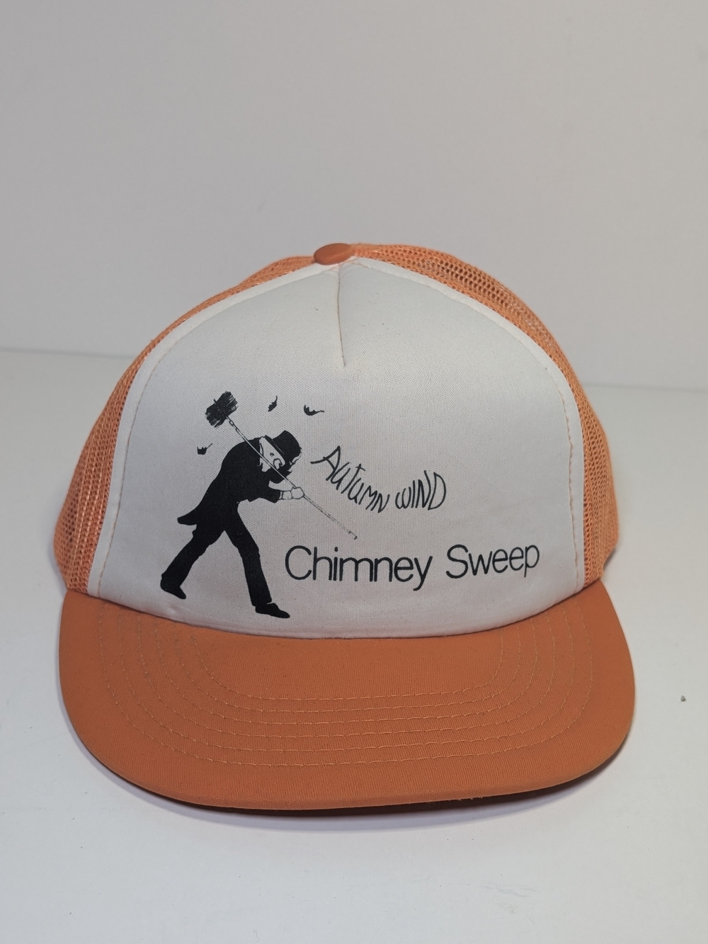 Vintage Autumn Wind Chimney Sweep Trucker Hat Mesh Snapback Cap Orange White